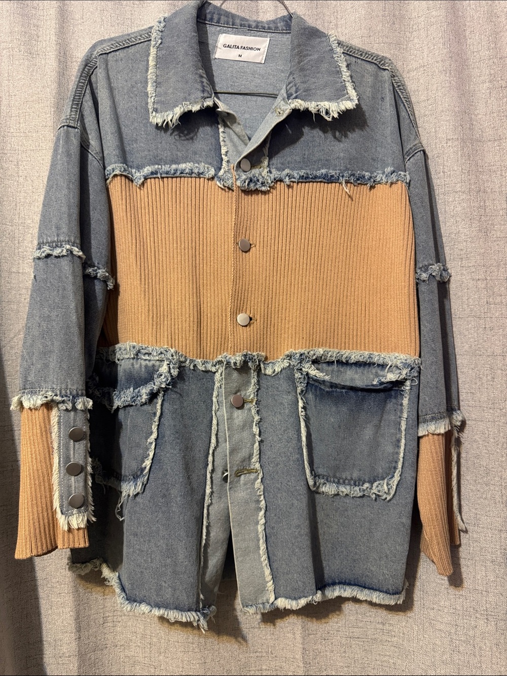 GALITA FASHION Distressed Denim Jacket with Ribbed Camel Panel